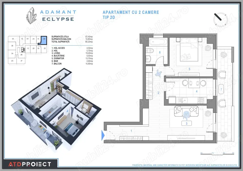 ADAMANT ECLYPSE, 2 camere decomandat, tip 2D, 68.2mp