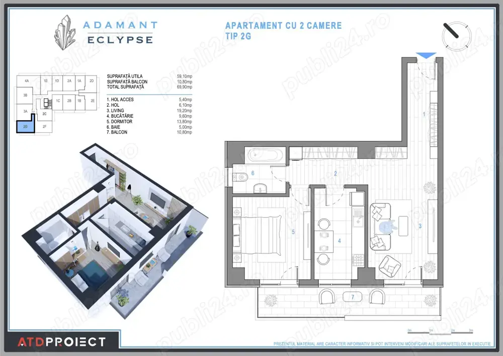 ADAMANT ECLYPSE, 2 camere decomandat, TIP 2G, 69.9mp