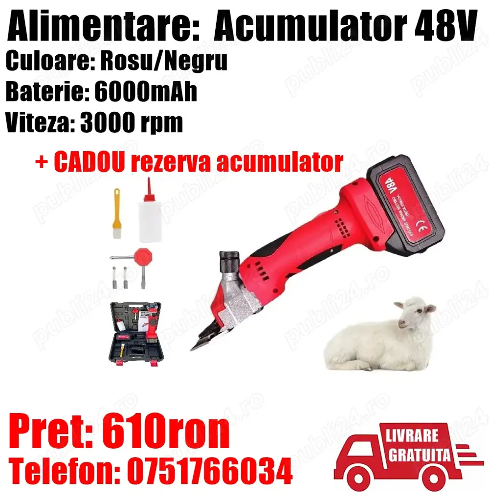 Masina Aparat Tuns Oi Capre Caini Trusa Profesionala Electrica 2 X Acumulatori 48V 6000mAh + LIVRARE