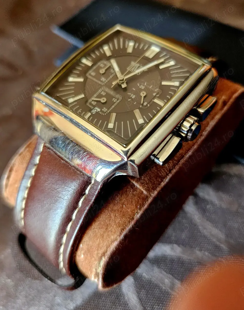 Ceas cronograf DAVIS 42mm curea piele, carcasa inox + geam cristal