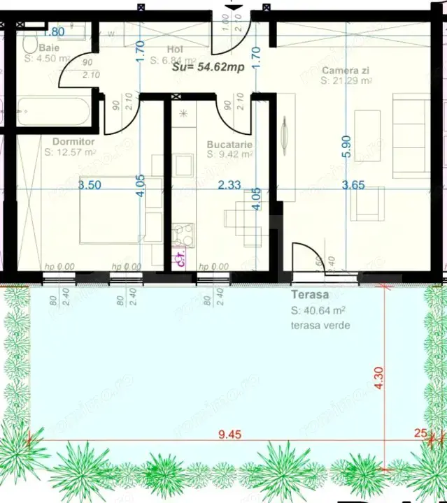 Apartament cu 2 camere, decomandat, 52 mp utili, gradina de 35 mp, zona Aradului
