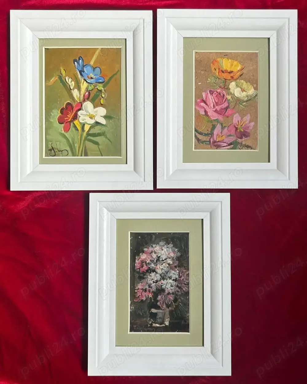 SET 3 Tablouri Miniaturale Toader Schipor Natura Statică cu Flori, Pictura în ulei, inramate 19x24cm