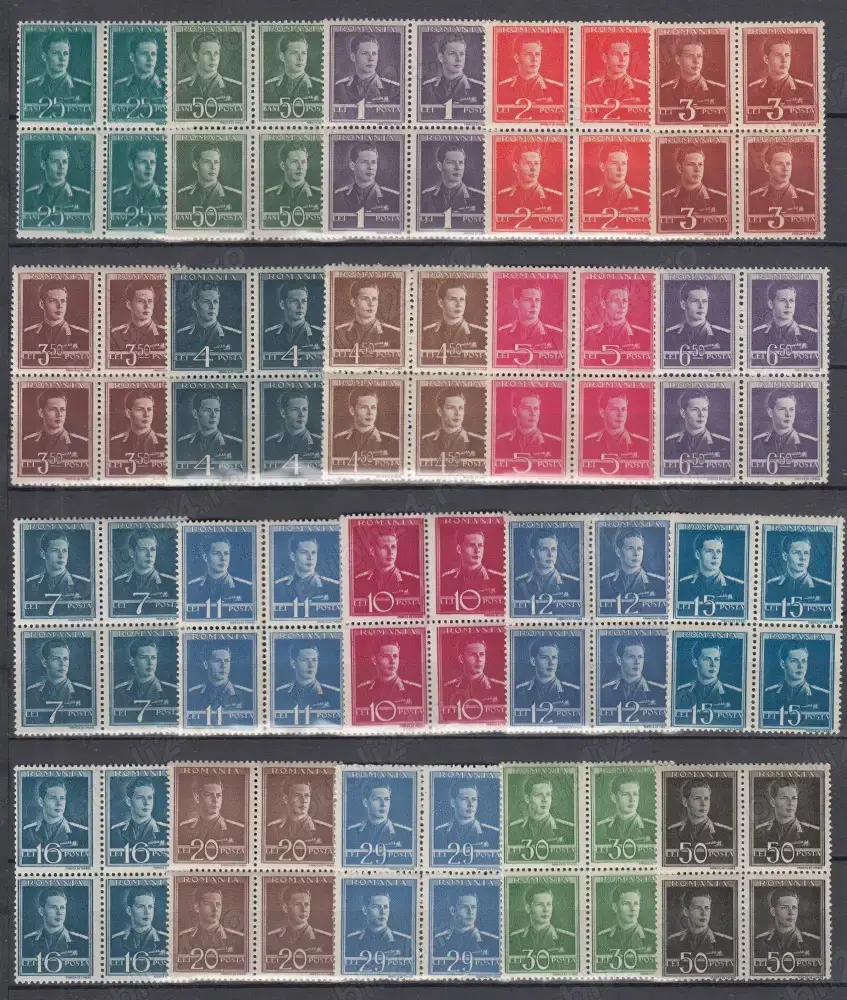 Timbre Romania 1943 LP 154 Mihai uzuale filigran MM blocuri de 4