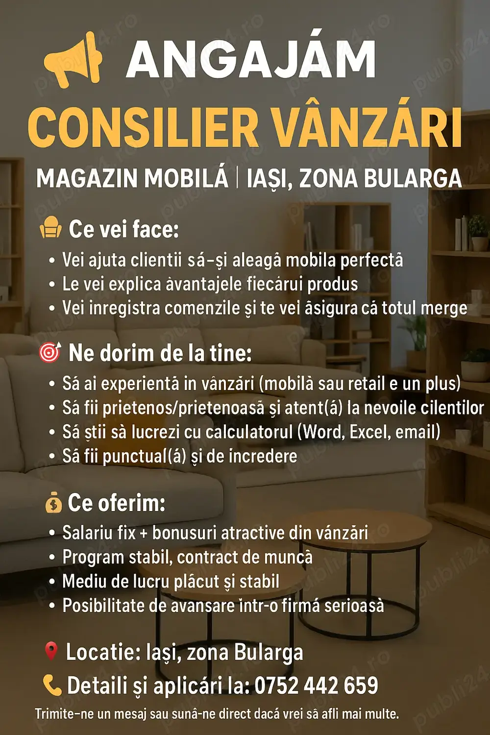 MOOB angajează Consilier Vânzări Mobilă   Iași, zona Bularga