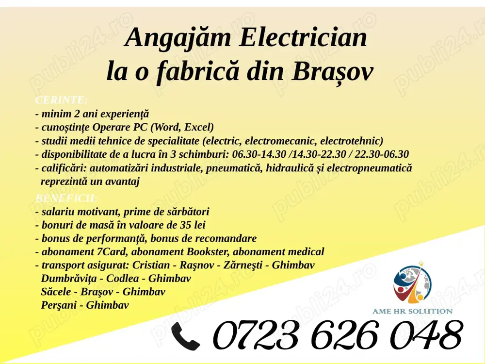 Angajăm Electrician în fabrică