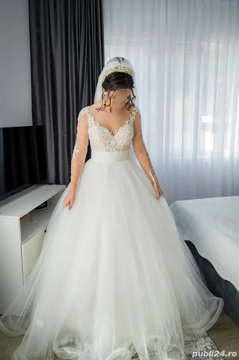 Rochie de mireasa superba, printesa, A line, comoda, cu maneca lunga