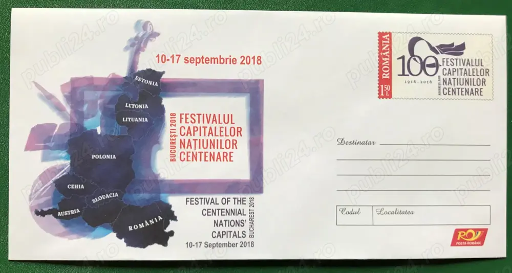 Intreg postal (plic)  "Festivalul capitalelor natiunilor centenare"