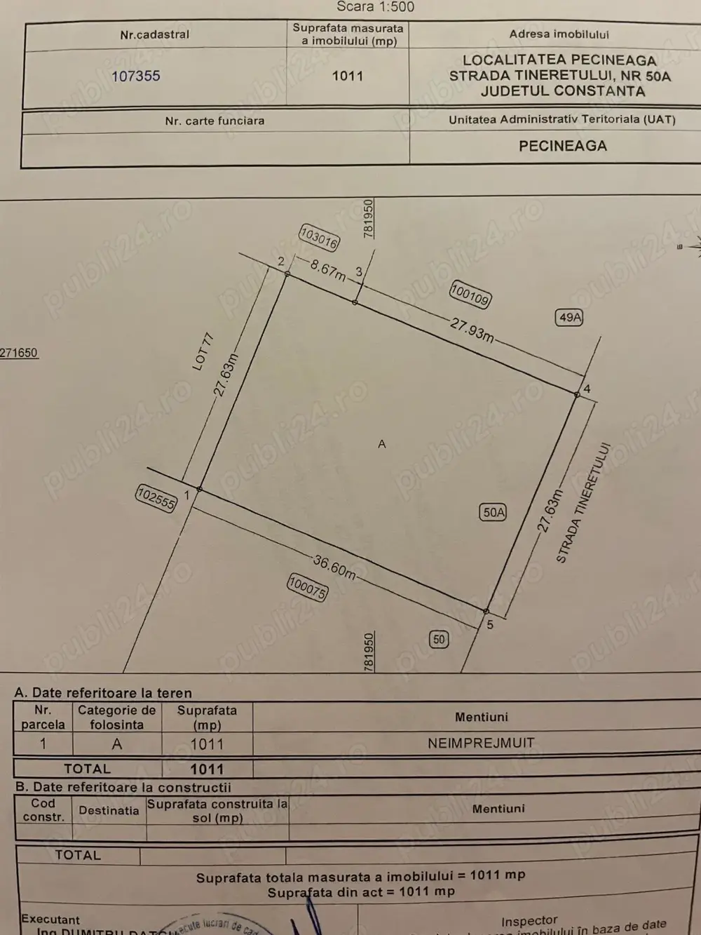 De vanzare teren intravilan Pecineaga 1000 mp