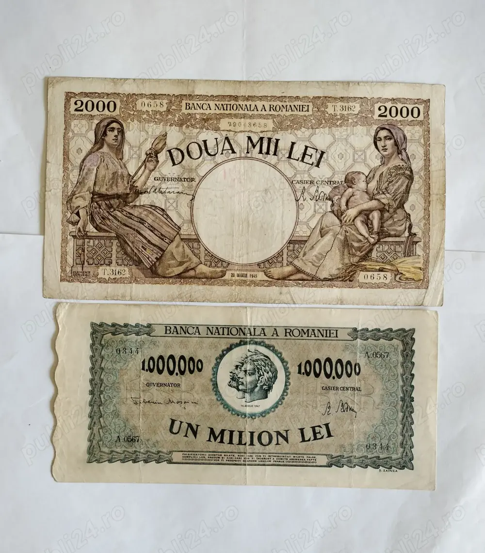 Bancnote 2000 lei 1945 (cea mai RARĂ din serie); 1.000.000 lei 1947 Mihai l 