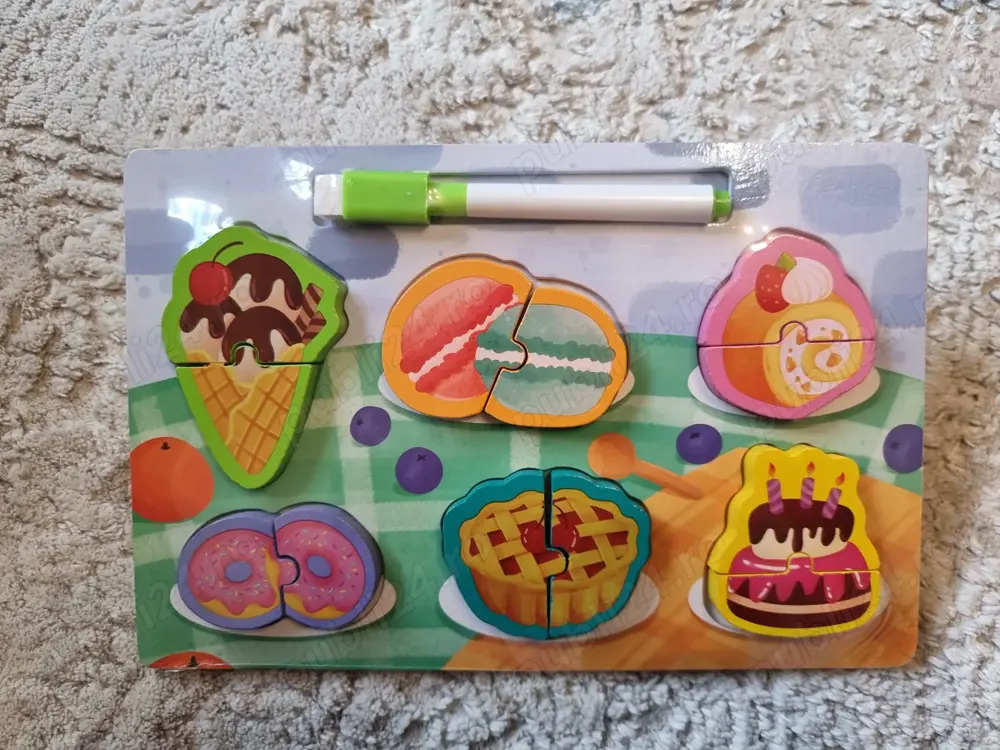 Puzzle lemn montessori cu tabla desen,fructe,legume,dulciuri,animale