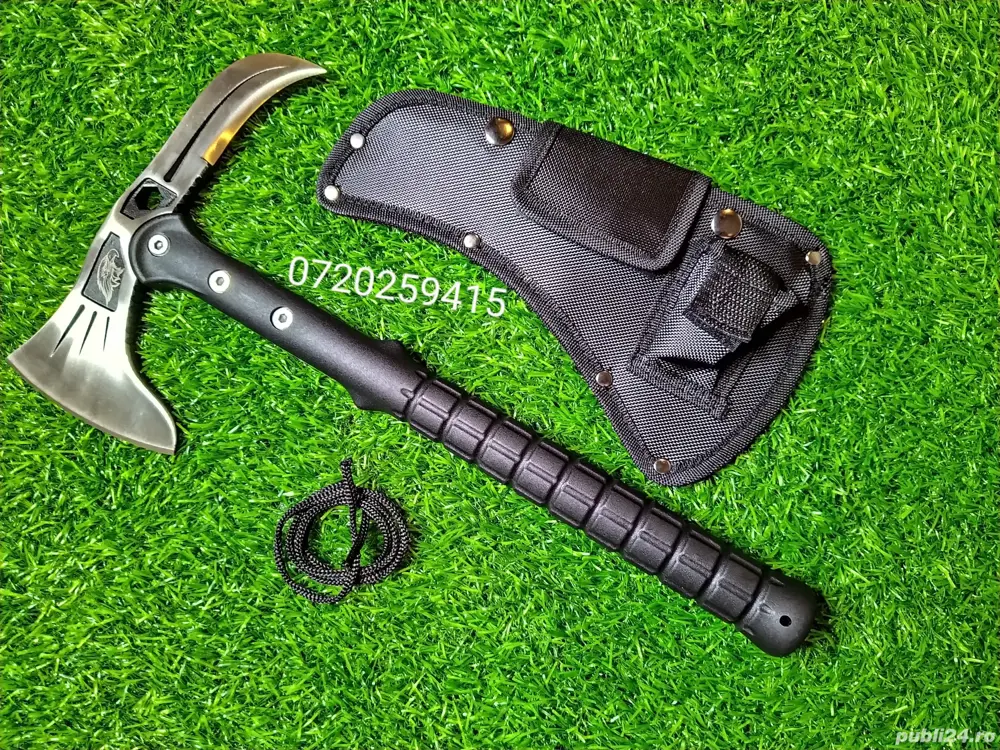 Topor tactic cu 2 taisuri pentru camping si drumetii, otel 440C, lungime 41cm, teaca