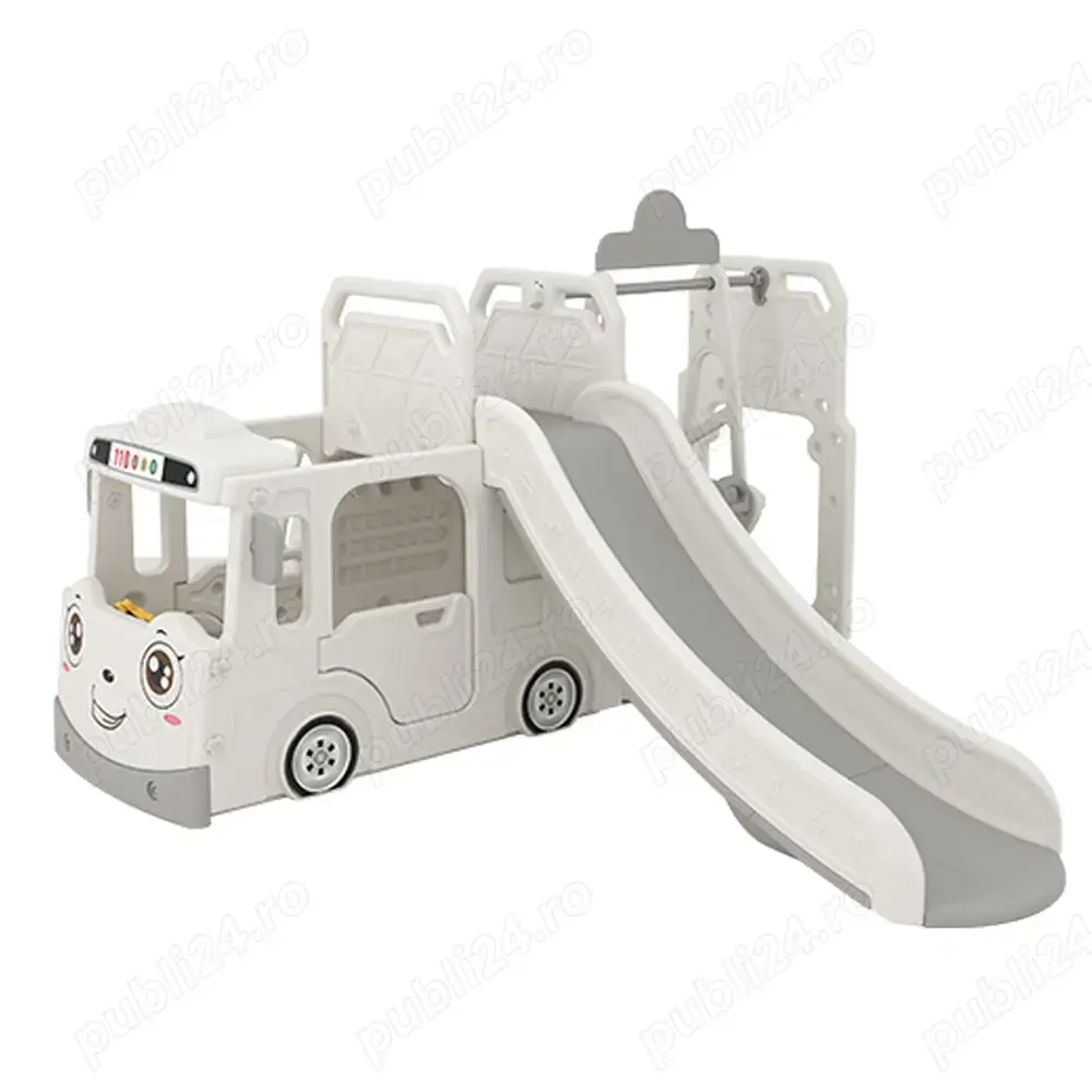 Ansamblu de joaca Kinderplay BUS, 4 in 1 cu tobogan, leagan si cos de baschet, casuta