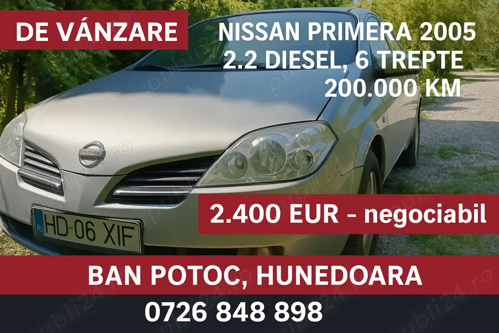 Nissan Primera 2005, 2.2 Diesel, 6 trepte, 200.000 km, ITP 2026 Nissan Primera 2005, 2.2 Diesel, 6 trepte, 200.000 km, ITP 2026