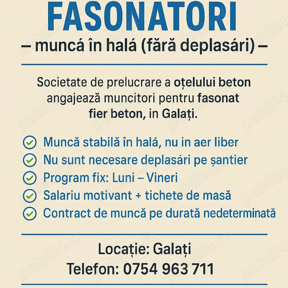 Angajăm muncitori fasonatori   muncă în hală (fără deplasări)   Galați