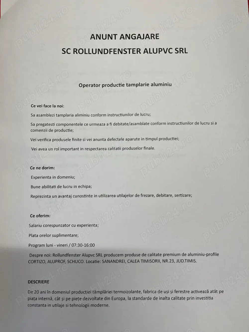 Angajam operator tamplarie aluminiu 