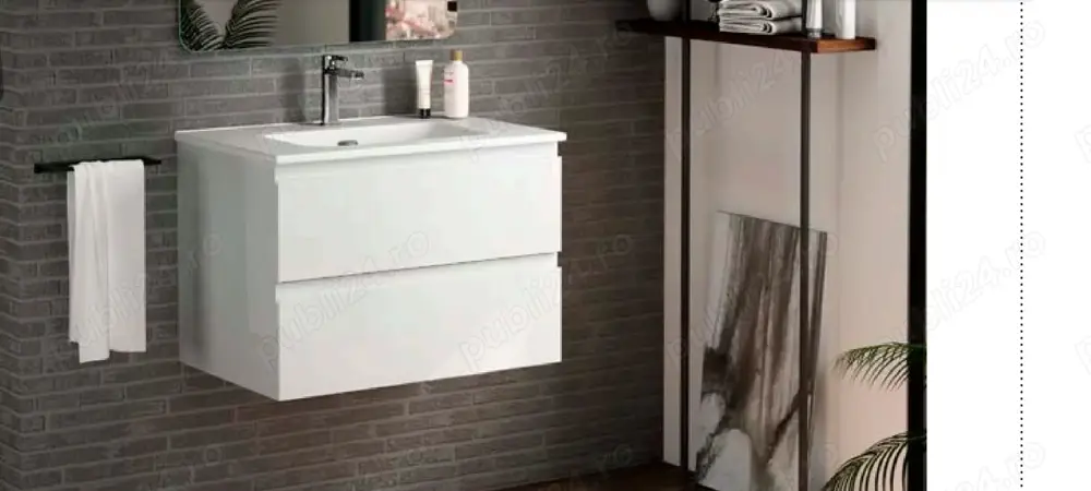 Set mobilier baie Viena 80 cm MDF vopsit alb lucios  infoliat stejar