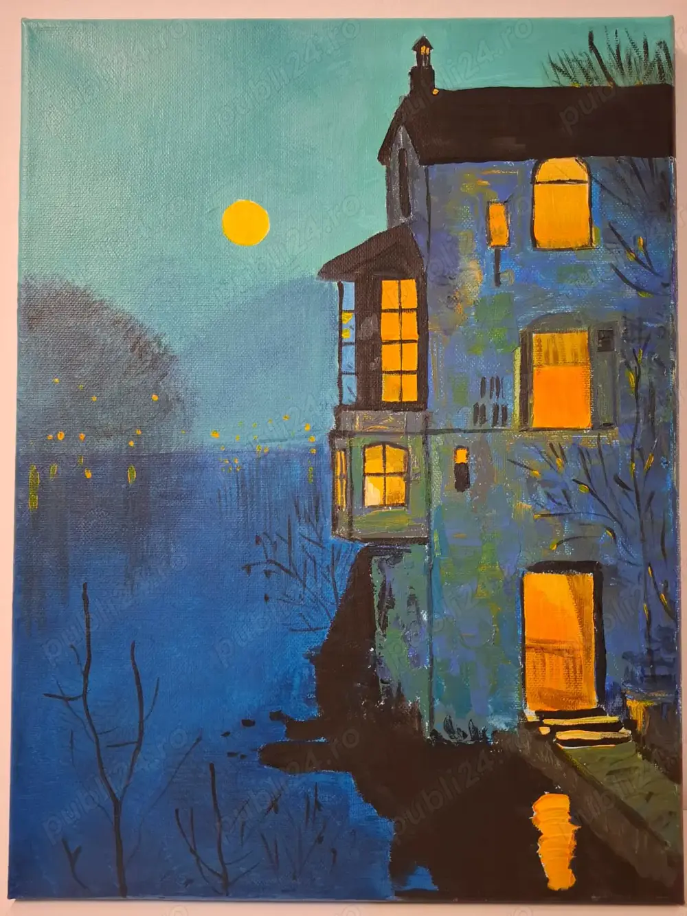 "Luna plina" - pictura in  culori acrilice, panza pe sasiu lemn; cadou - sevalet expunere