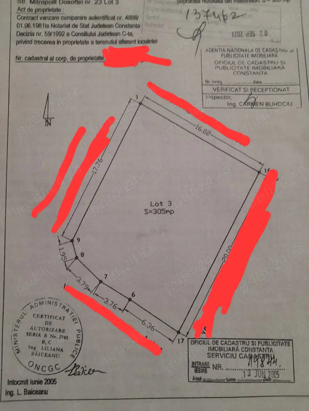 brătianu..teren 305 metri cu descghidere dublă de 17 metri