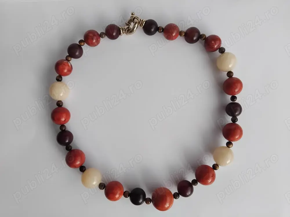 Colier din margele mari si rotunde de opal Tibetan, coral si ochi de tigru