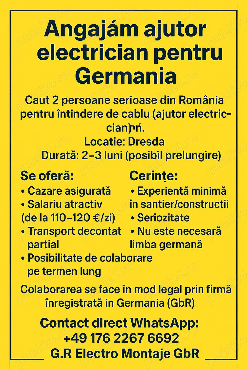 Angajam electricieni pentru Germania cazare gratuita 