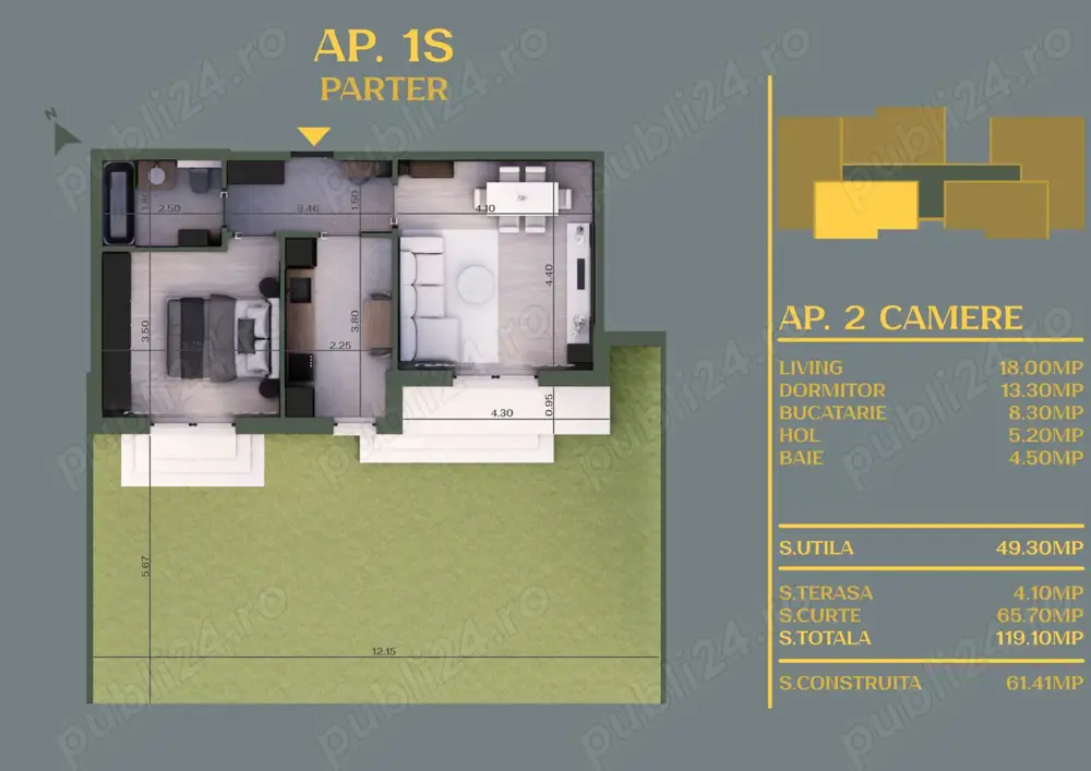 Apartament 2 camere cu Grădină privată | Balcon generos