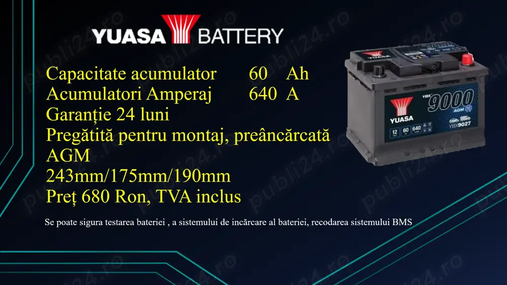 Baterie Yuasa, AGM, 60Ah / 640A