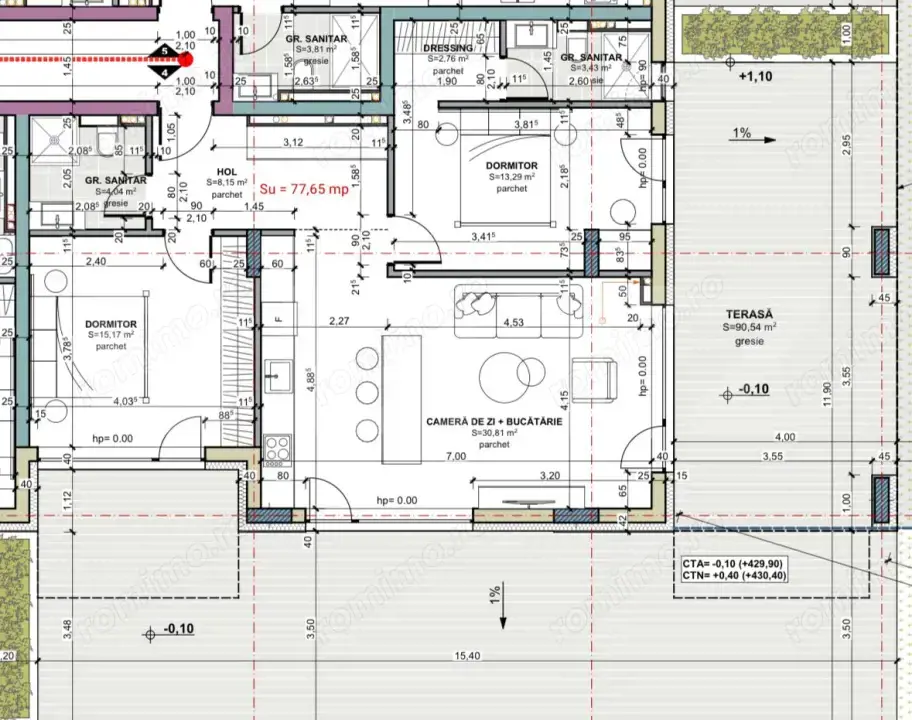 Apartament cu 3 camere, terasa 90 mp, comision 0, cartier Terra, zona Iris 