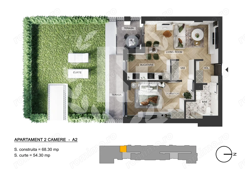 Apartament 2 camere zona de Nord - 58.05 mp utili si curte