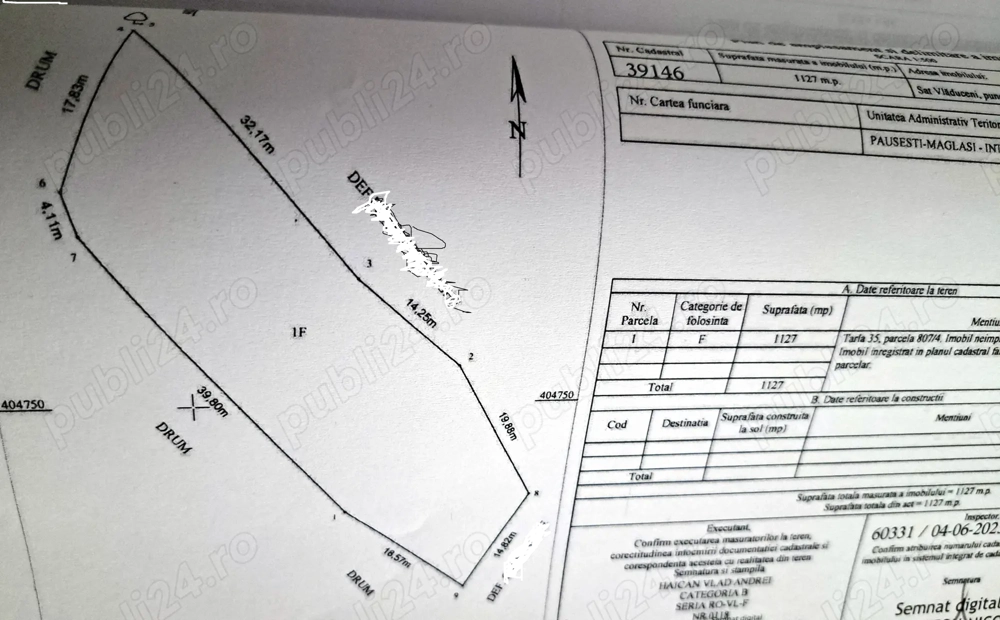 Teren 1127 mp   Intravilan  Paușesti Maglași 