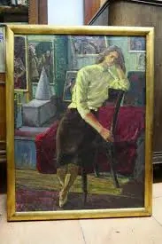 Pictura Tablou Ulei  Panza P. KOVACS - Femeie pe scaun interior casa