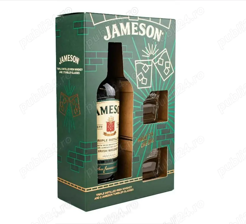 Set Irish Whisky, JAMESON, Triplu Distilat+2 pahare