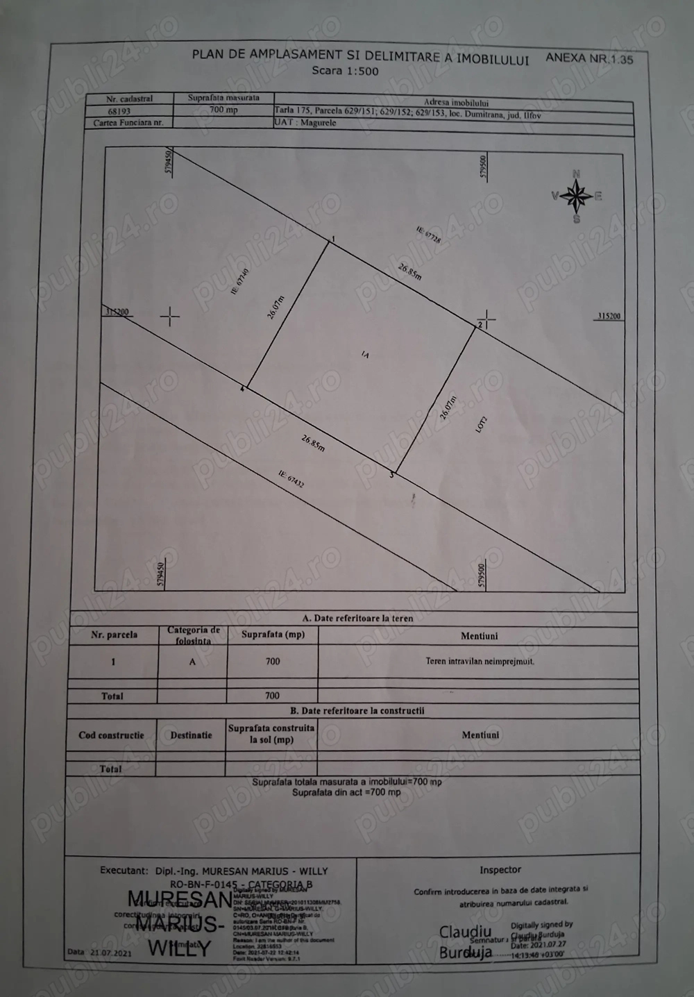 Vând teren intravilan 700 mp Dumitrana Pruni