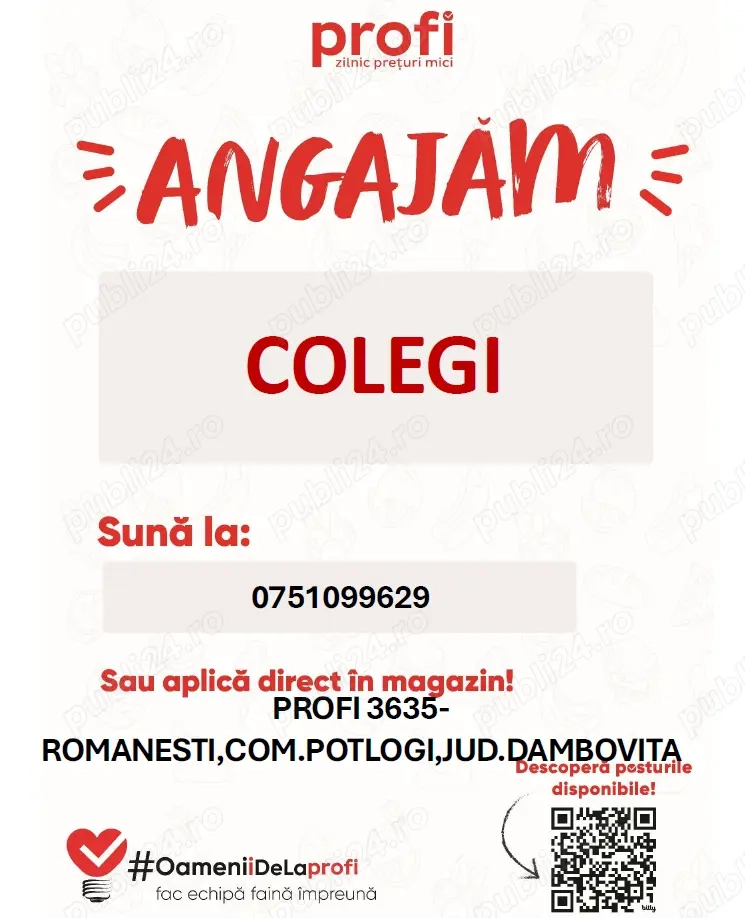 Angajam la Profi 3635 Romanesti,com.Potlogi,Dambovita