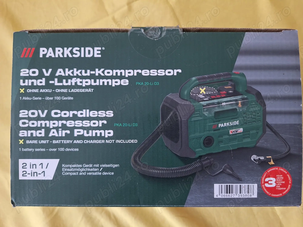 Pompa de aer cu acumulator -  Compresor auto 20 V Parkside, 3 in 1