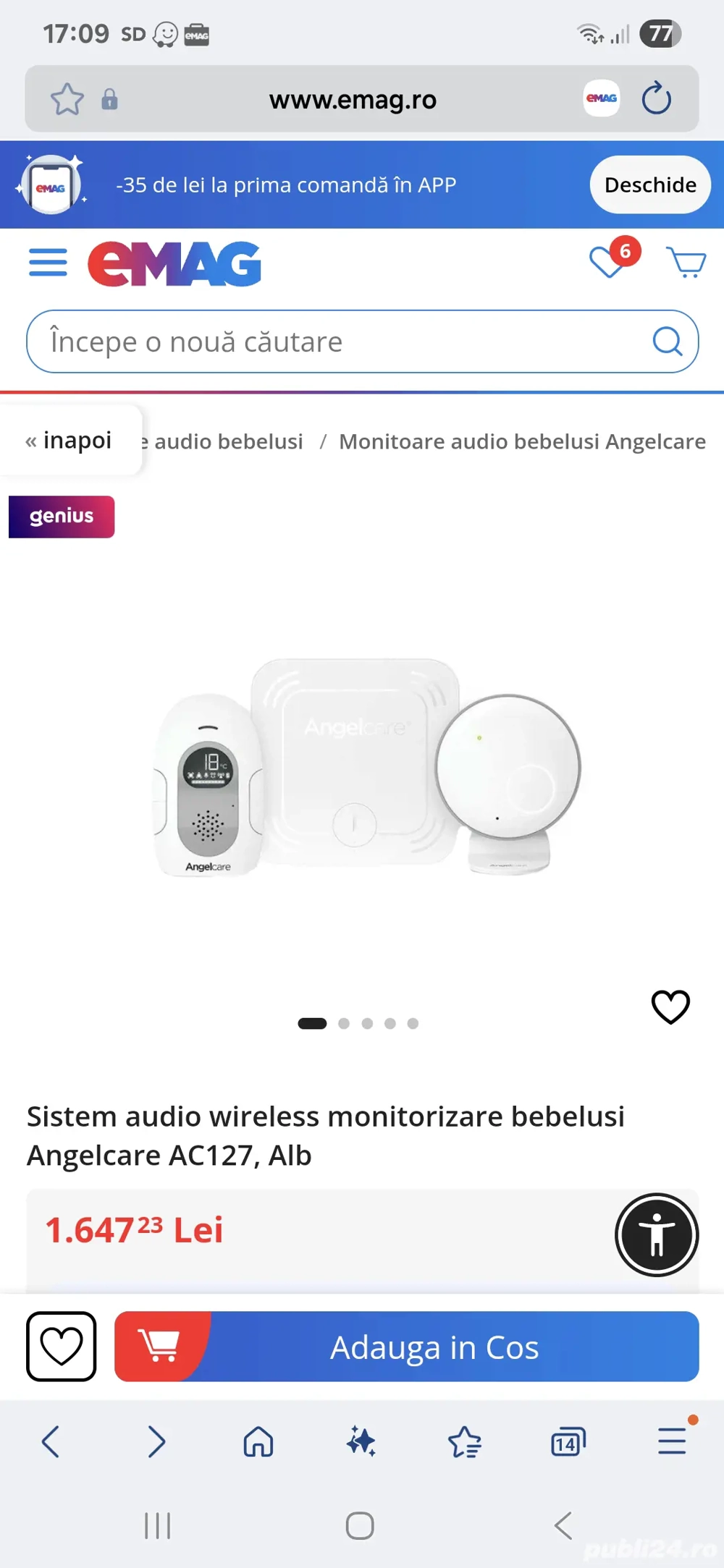 Sistem audio wireless monitorizare bebeluși Angelcare AC127   Nou