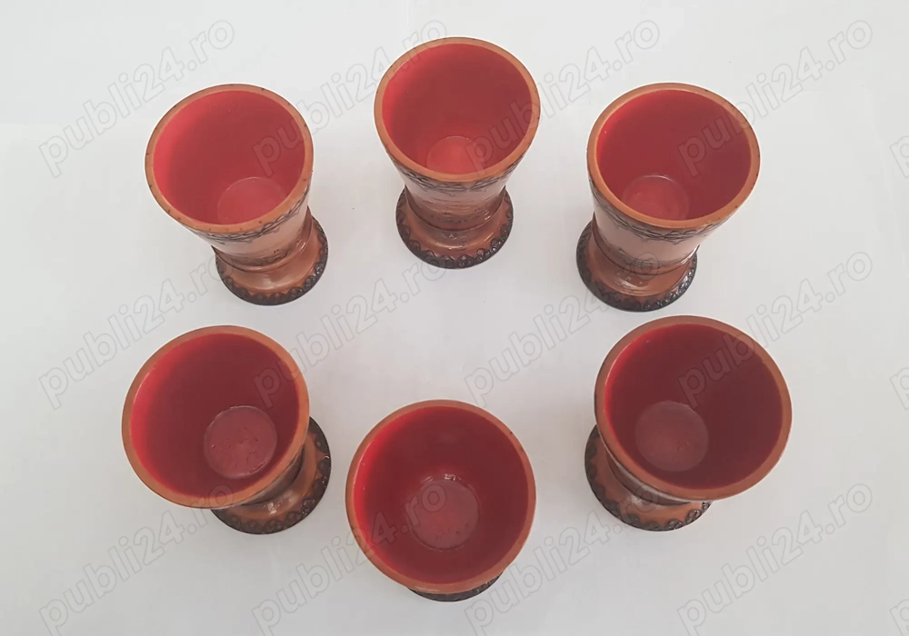 Set de 6 Cupe din lemn strunjite pirogravate pictate & lacuite manual