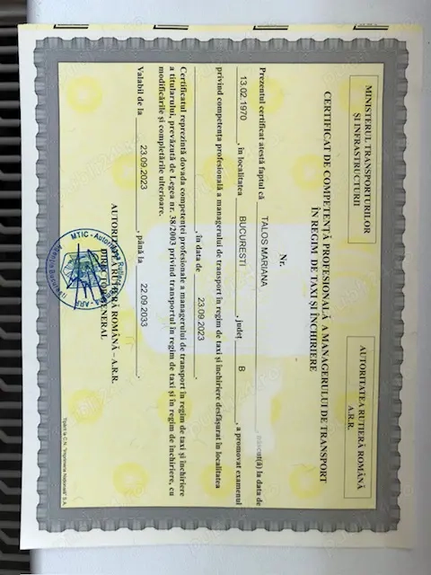  certificat de competenta profesionala (Manager Transport in Regim de Taxi si Inchiriere)