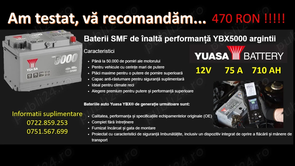 Ofertă!! Baterie Yuasa, 75Ah / 710A