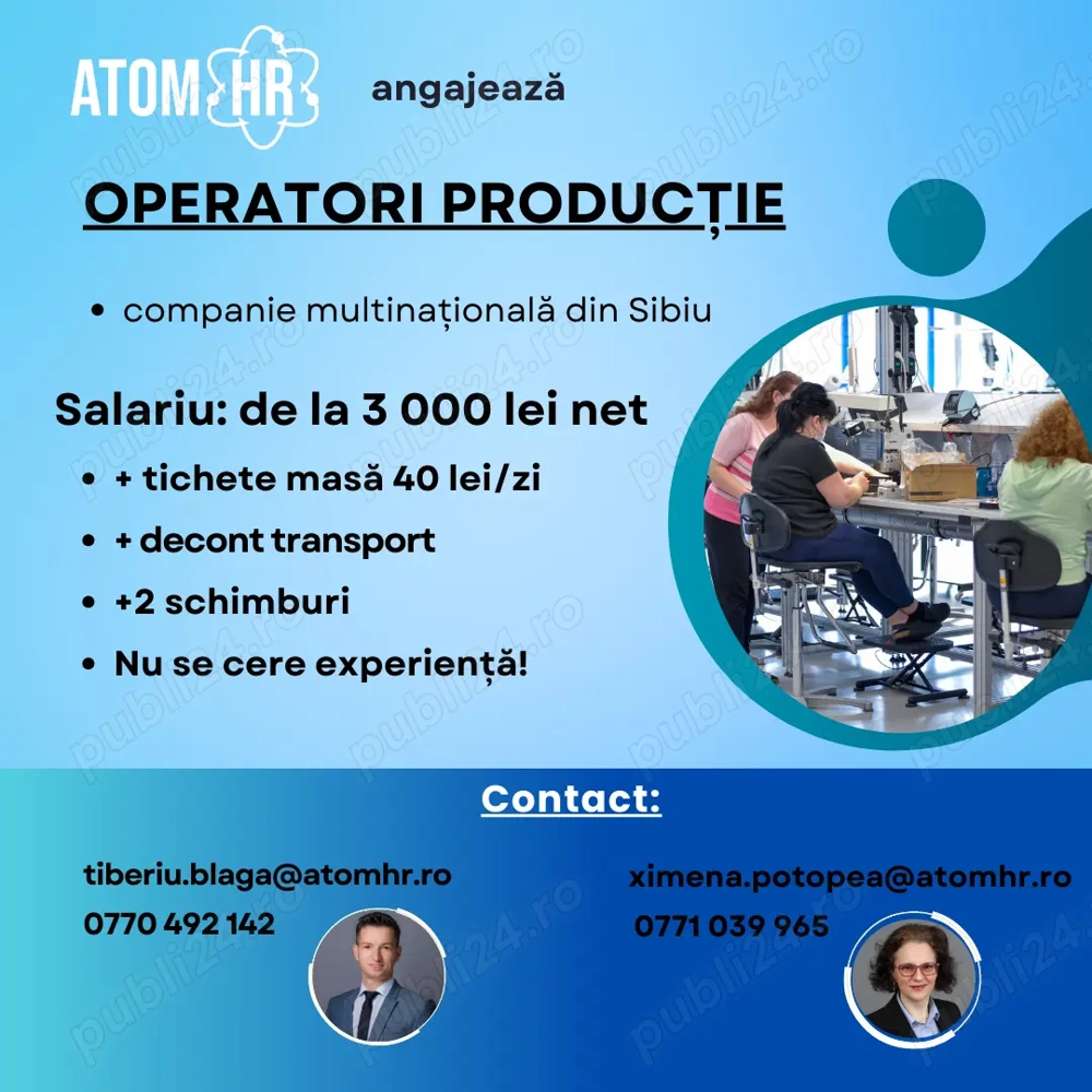 ATOM HR recrutează pentru companii de producție din Sibiu!