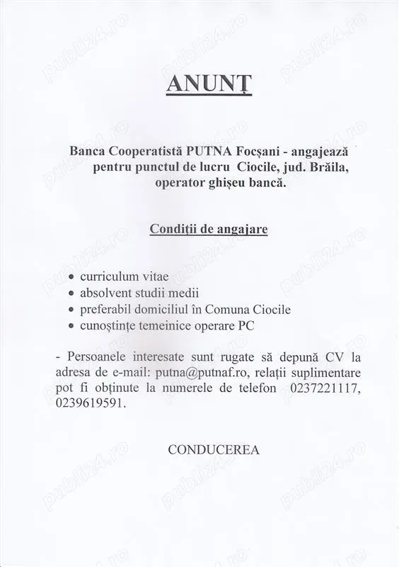 Operator ghiseu banca Ciocile Operator ghiseu banca Ciocile