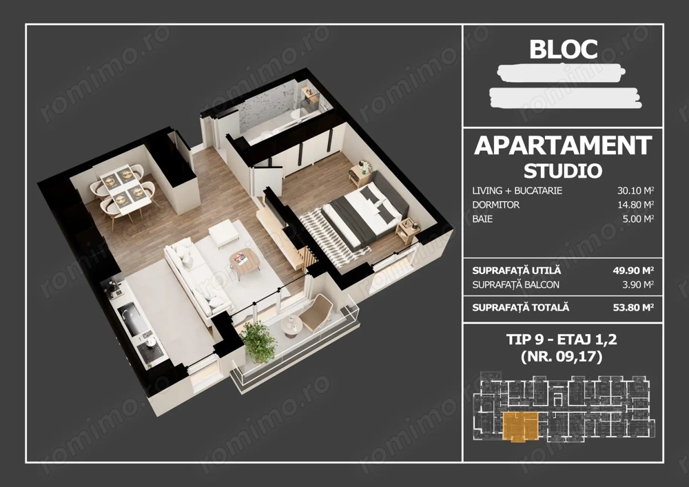 Studio modern de vânzare   | 54 mp | Popești-Leordeni