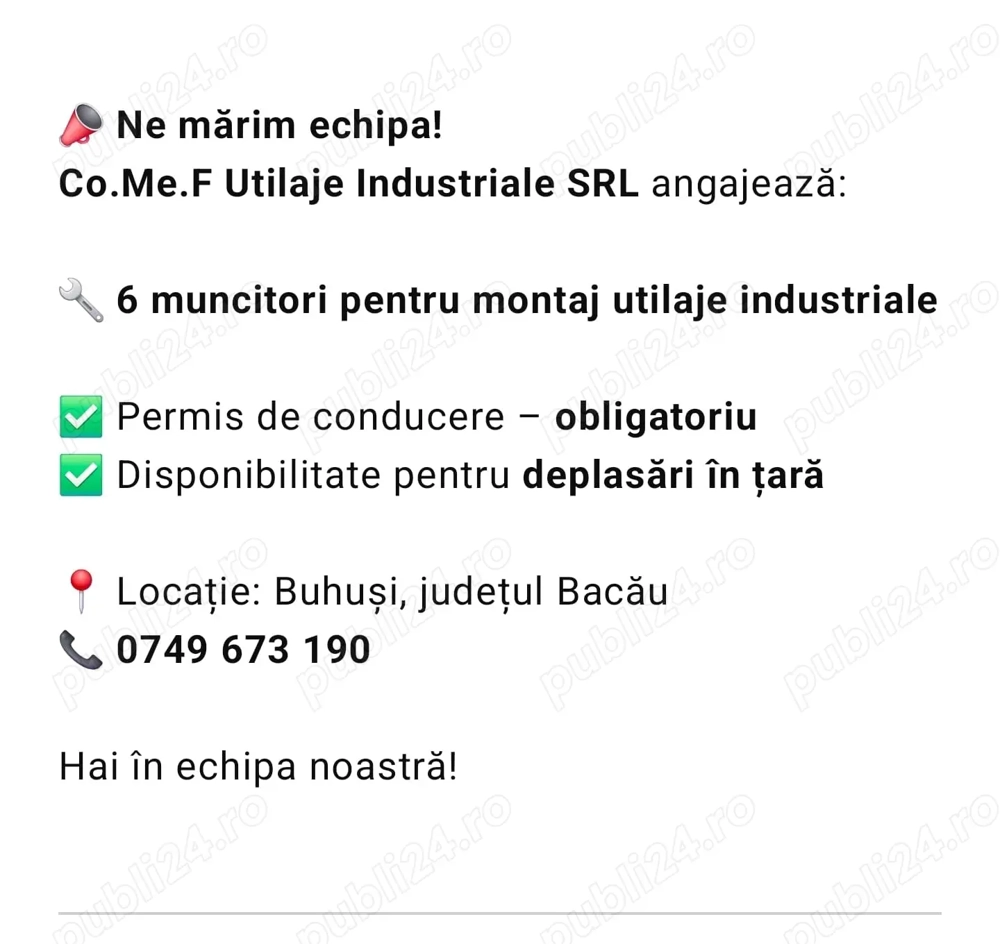 Co.Me.F Utilaje Industriale SRL angajează: 6 muncitori pentru montaj utilaje industriale