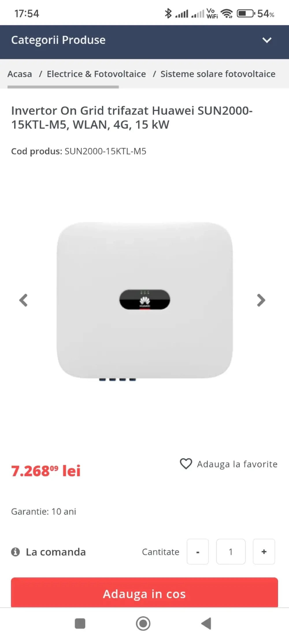 Invertor Solar ON-GRID, Trifazat, 15KW, WLAN, Huawei SUN2000-15KTL-M5