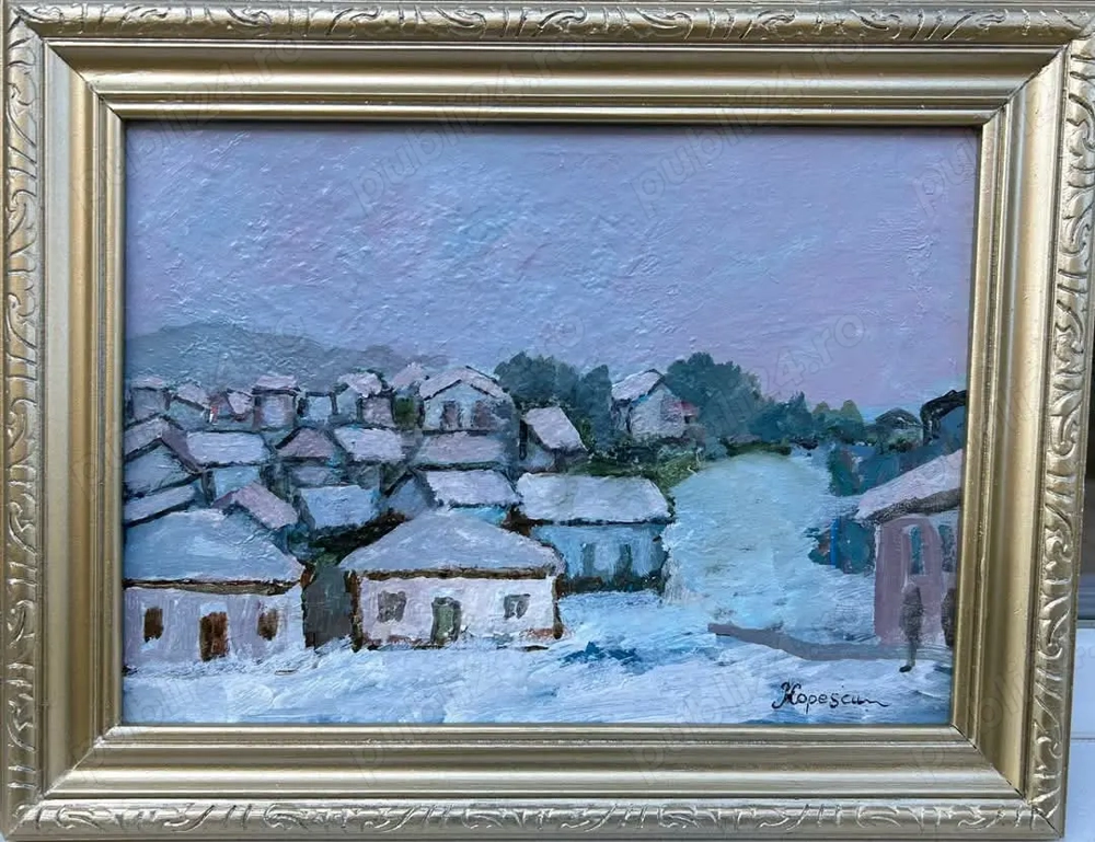 Mircea Popescu Tablou Peisaj Bucovinean de Iarnă pictura ulei inramata 34x43cm