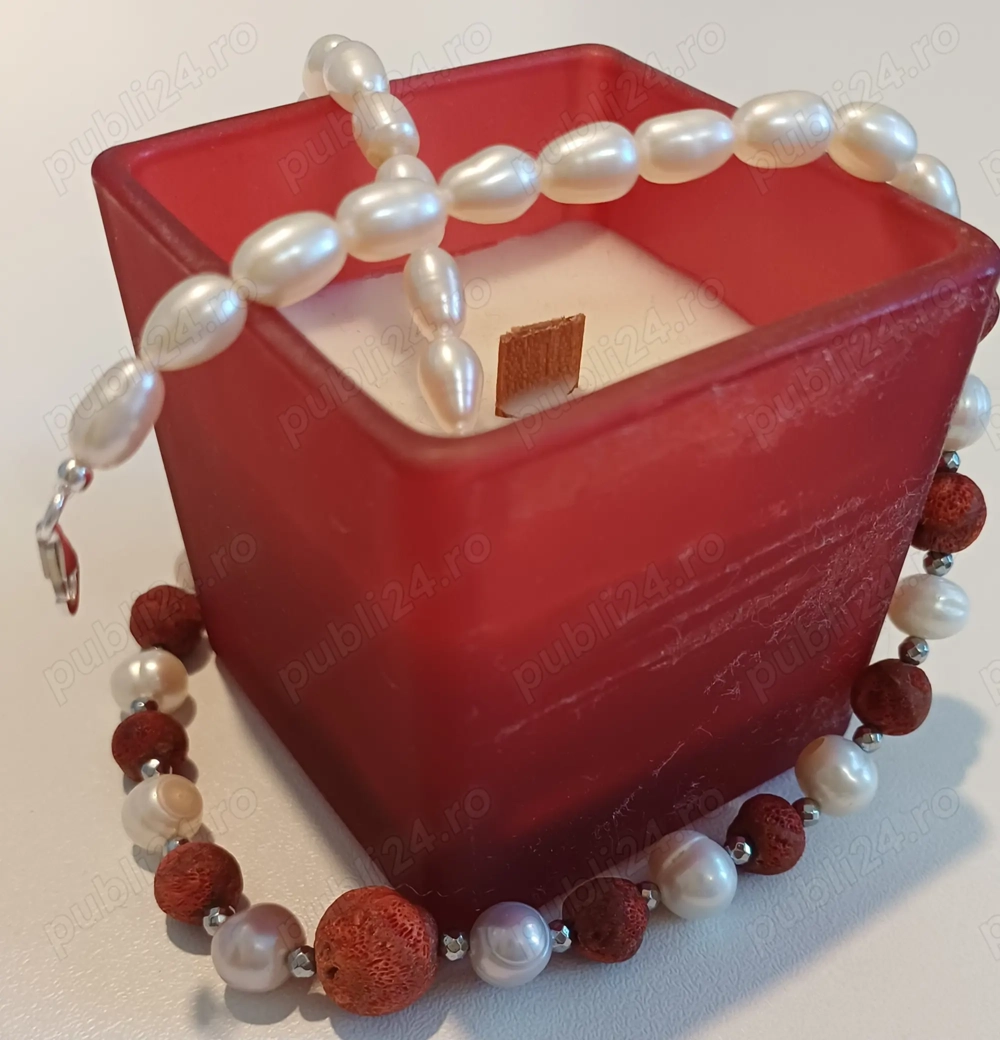 Vând colier unicat, coral roșu brut, perle de cultură si argint, 44 cm lungime.