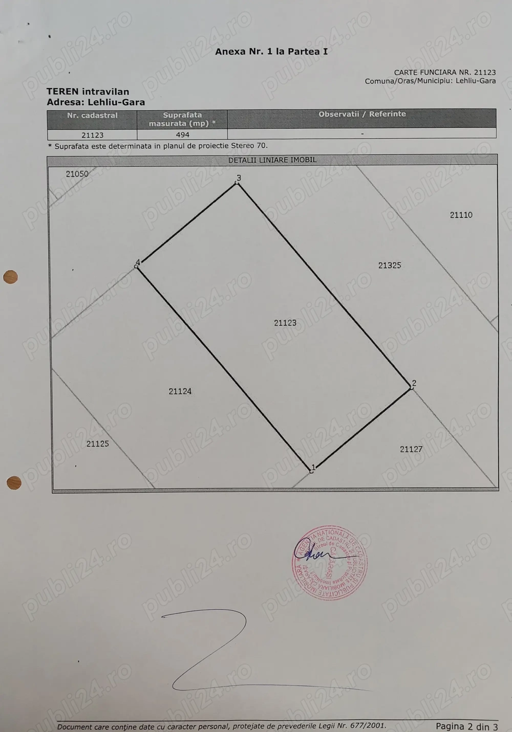 Vand teren pentru casa, oras Lehliu-Gara, jud. Calarasi, 494mp. Pret 20000 euro (40euro mp)