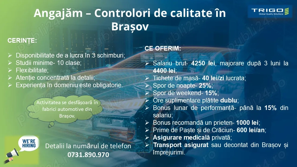 Angajam controlori de calitate in BRASOV