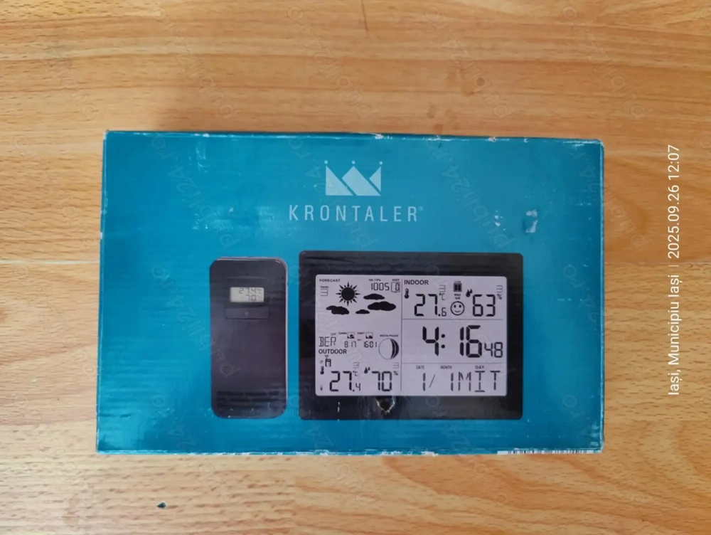 Stație meteo radio Krontaler cu senzor exterior, termometru digital LCD, higrometru,(Super Ofertă).