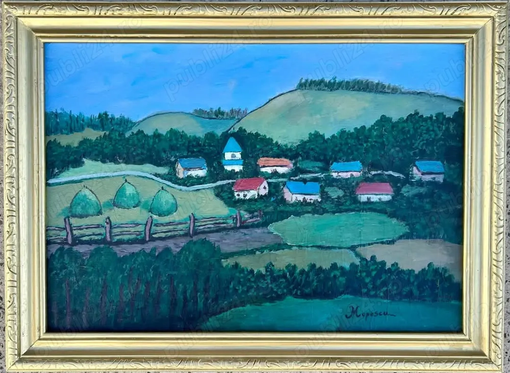 Mircea Popescu Tablou Peisaj Satul Bucovinean pictura ulei inramata 43x58cm