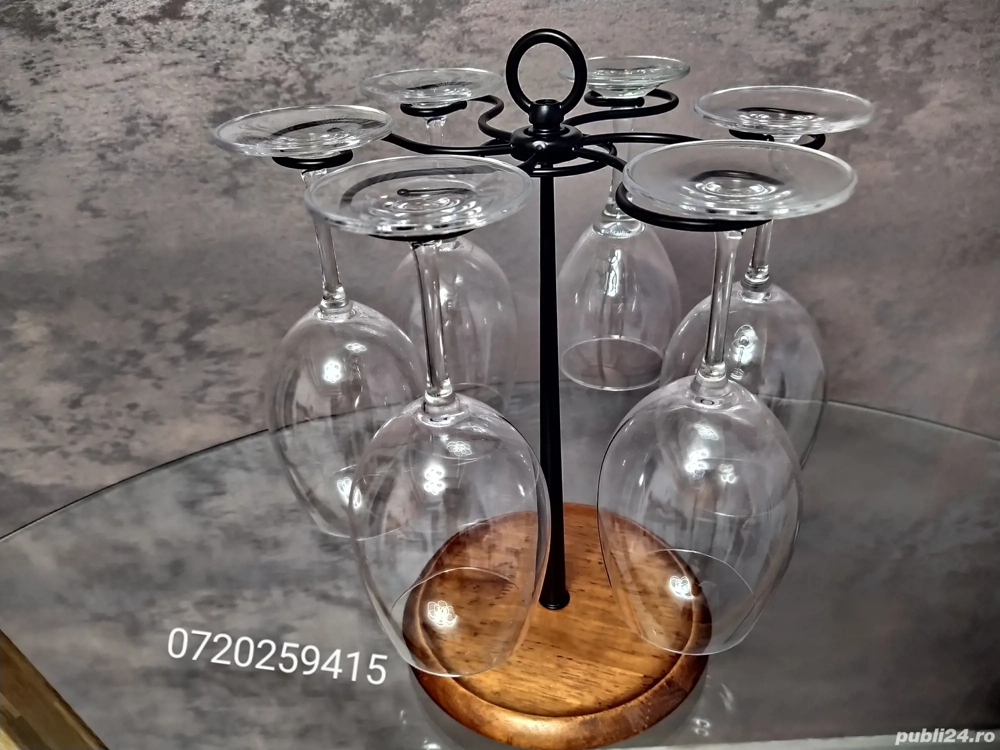 Suport rotativ pentru 6 Pahare de vin, din Metal + Baza din Lemn, 35cm